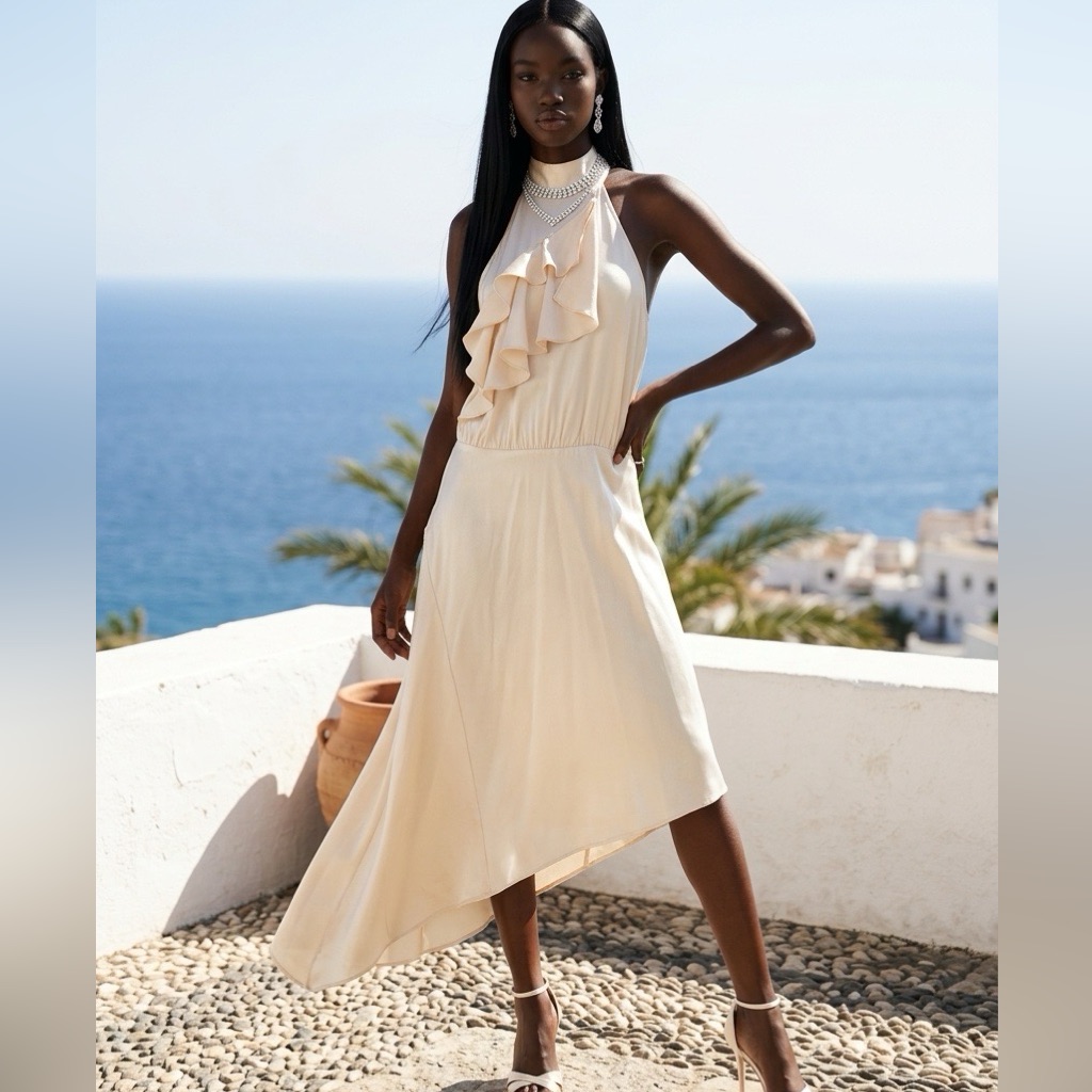 Nikolaki Asymmetrical Satin Dress In Cream